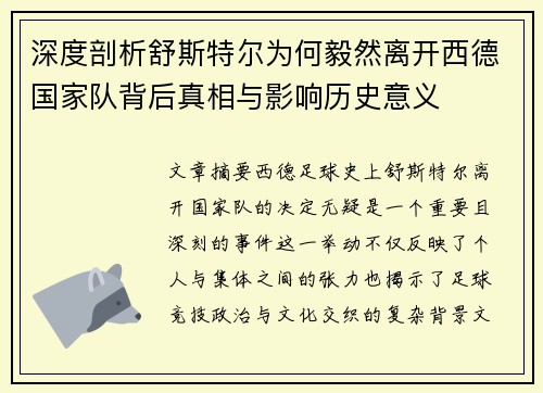 深度剖析舒斯特尔为何毅然离开西德国家队背后真相与影响历史意义 深度剖析舒斯特尔为何毅然离开西德国家队背后真相与影响历史意义