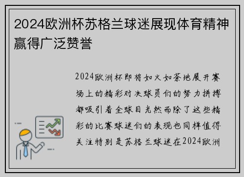 2024欧洲杯苏格兰球迷展现体育精神赢得广泛赞誉