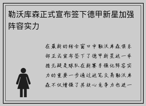 勒沃库森正式宣布签下德甲新星加强阵容实力