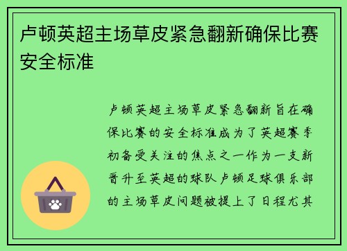 卢顿英超主场草皮紧急翻新确保比赛安全标准 卢顿英超主场草皮紧急翻新确保比赛安全标准