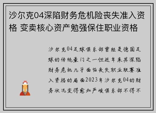沙尔克04深陷财务危机险丧失准入资格 变卖核心资产勉强保住职业资格